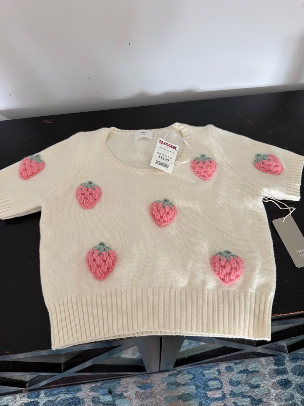 Cream Crewneck Sweater with Pink Strawberries Appliqués